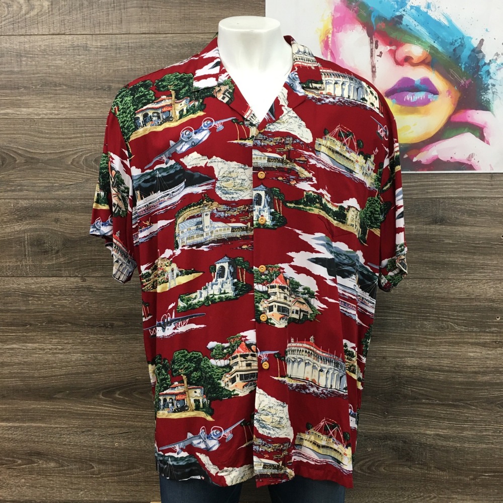 Paradise Found Hawaiian Shirt‎ Men's 3XL Rayon Catalina Island Airplane Boat Art